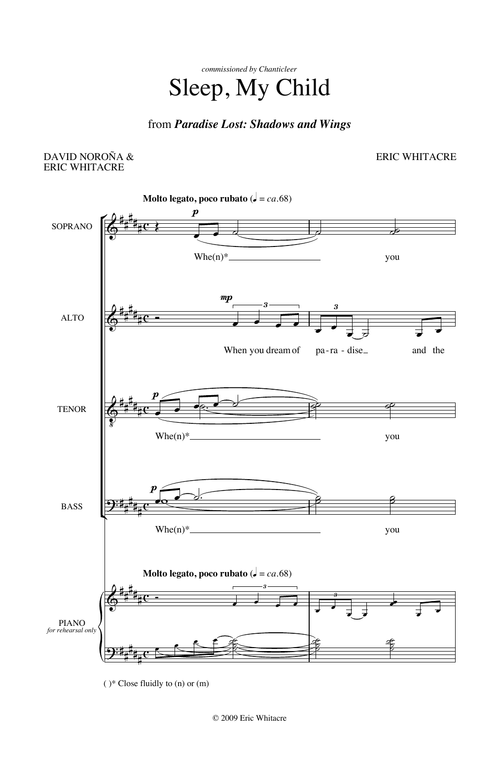 Eric Whitacre Sleep, My Child (from Paradise Lost: Shadows and Wings) sheet music notes and chords arranged for SATB Choir