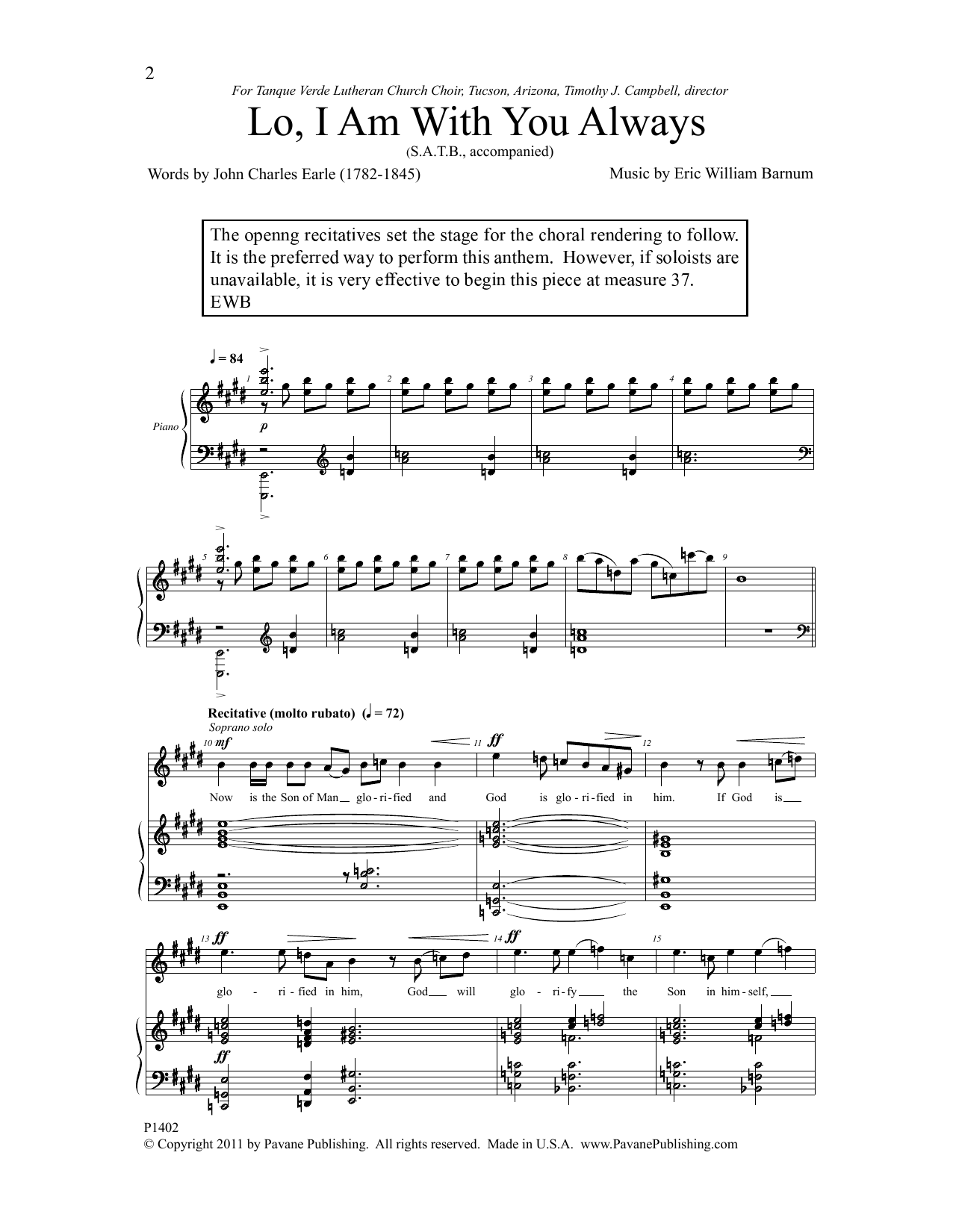 Eric William Brnum Lo, I Am With You Always sheet music notes and chords arranged for SATB Choir