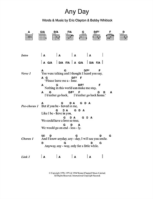 Eric Clapton Any Day sheet music notes and chords arranged for Guitar Chords/Lyrics
