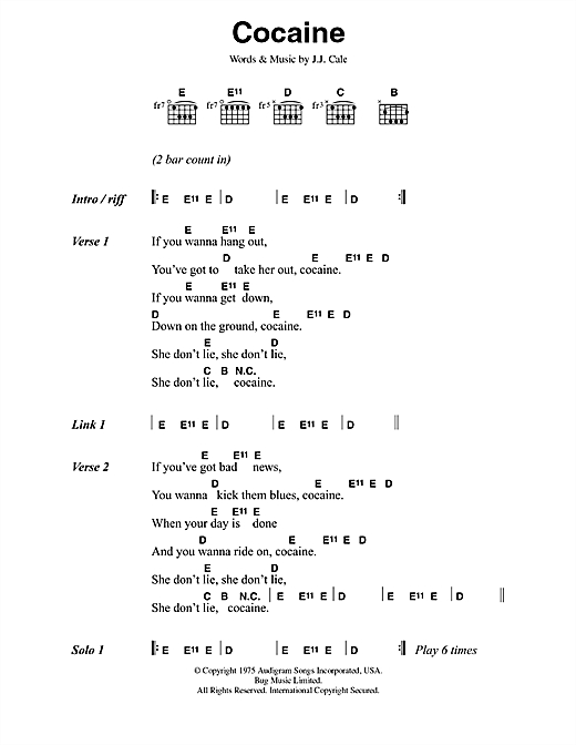 Eric Clapton Cocaine sheet music notes and chords arranged for Guitar Tab