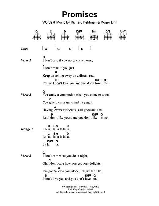 Eric Clapton Promises sheet music notes and chords arranged for Guitar Chords/Lyrics