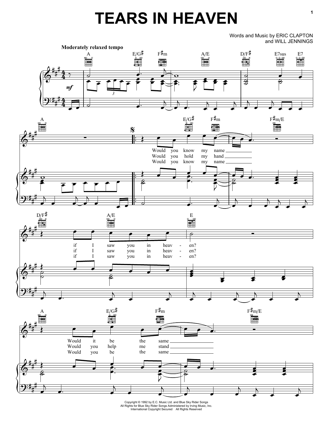 Eric Clapton Tears In Heaven sheet music notes and chords. Download Printable PDF.