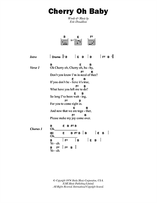 Eric Donaldson Cherry Oh Baby sheet music notes and chords arranged for Guitar Chords/Lyrics