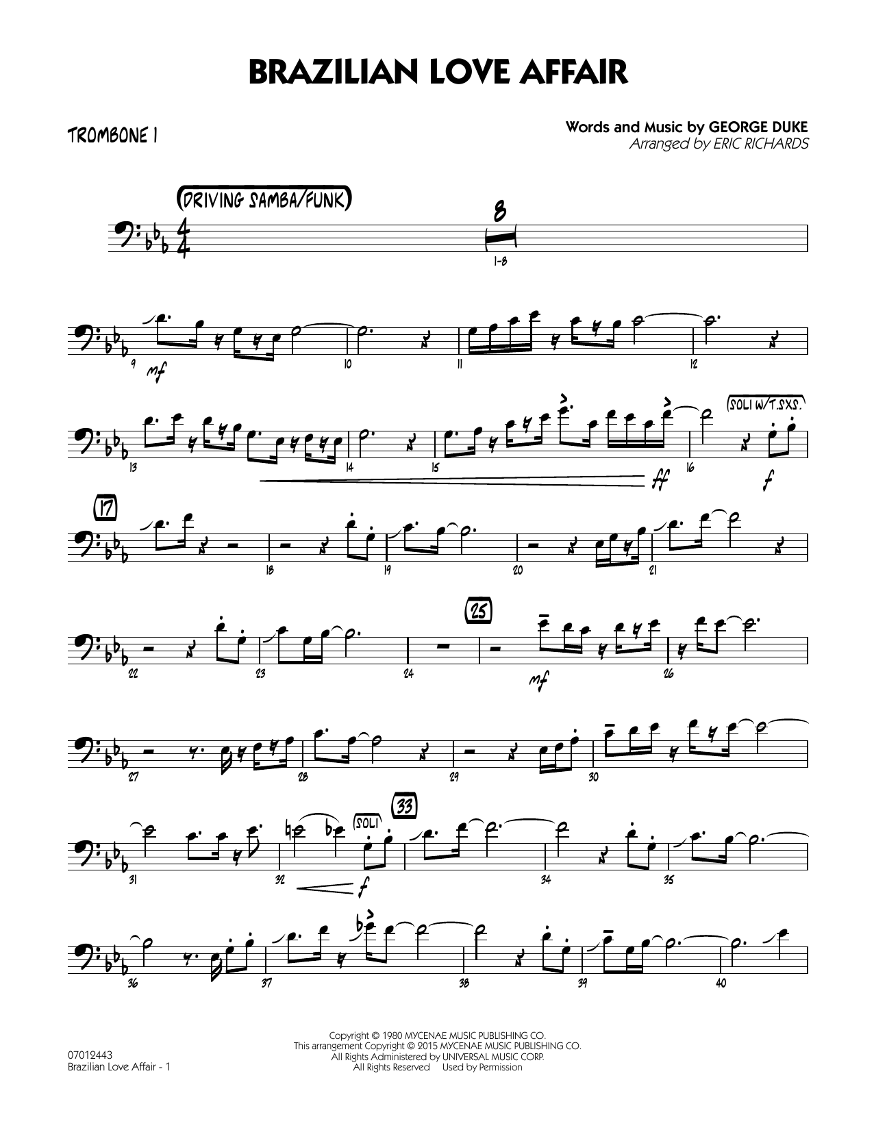 Eric Richards Brazilian Love Affair - Trombone 1 sheet music notes and chords. Download Printable PDF.