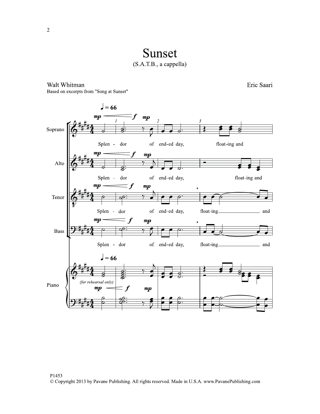 Eric Saari Sunset sheet music notes and chords arranged for SATB Choir