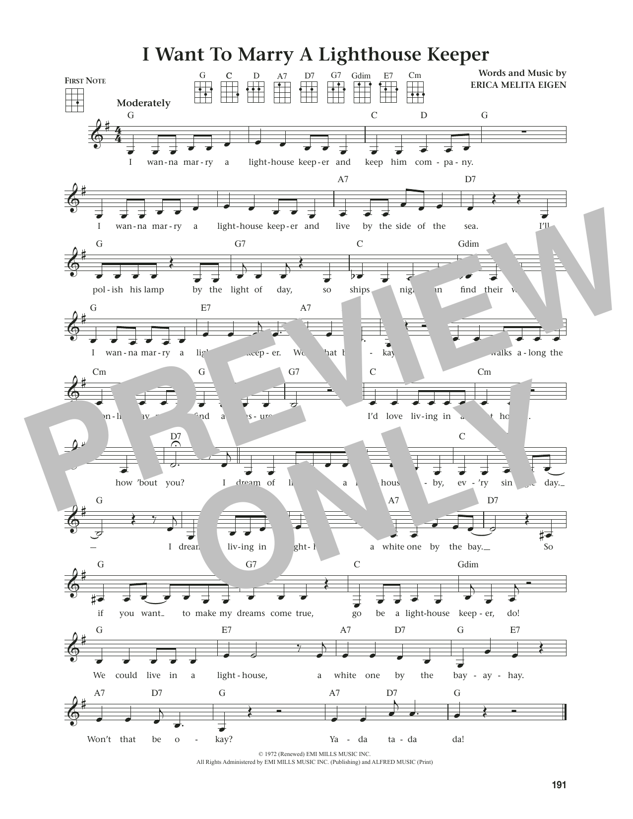 Erica Melita Eigen I Want To Marry A Lighthouse Keeper (from The Daily Ukulele) (arr. Jim Beloff) sheet music notes and chords arranged for Ukulele