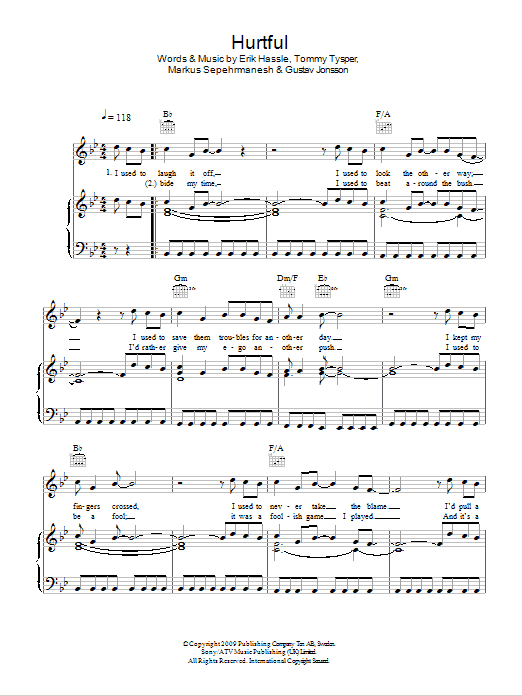 Erik Hassle Hurtful sheet music notes and chords arranged for Piano, Vocal & Guitar Chords