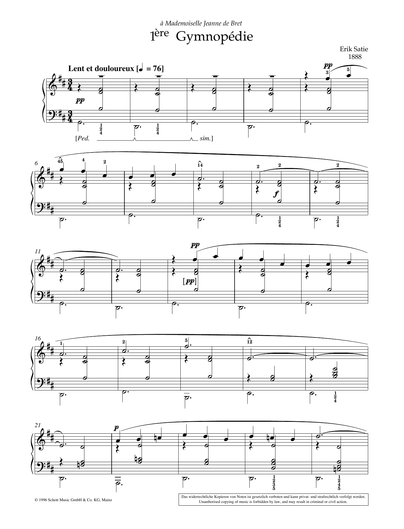 Erik Satie 1ere Gymnopedie sheet music notes and chords arranged for Piano Solo