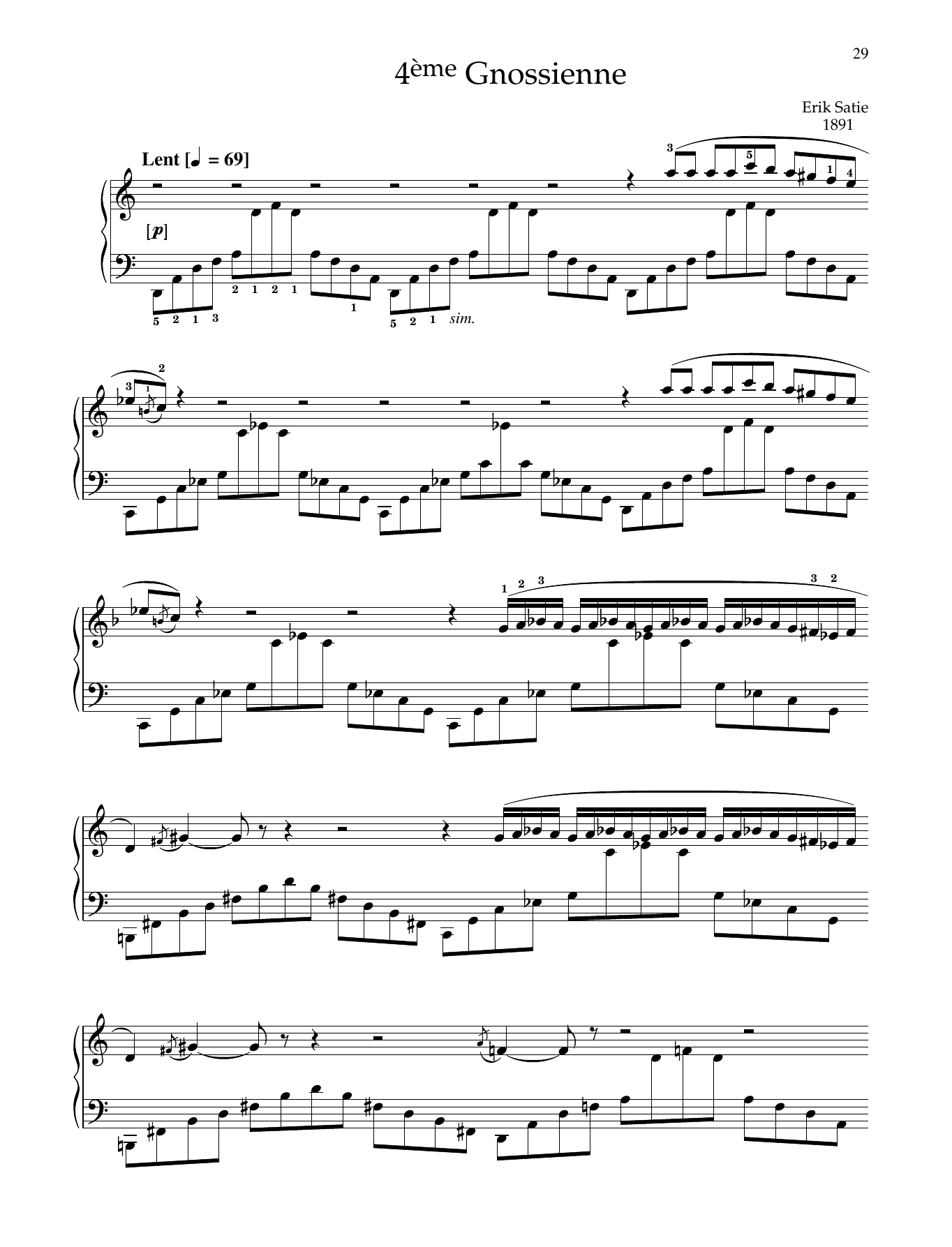 Erik Satie 4eme Gnossienne sheet music notes and chords arranged for Piano Solo
