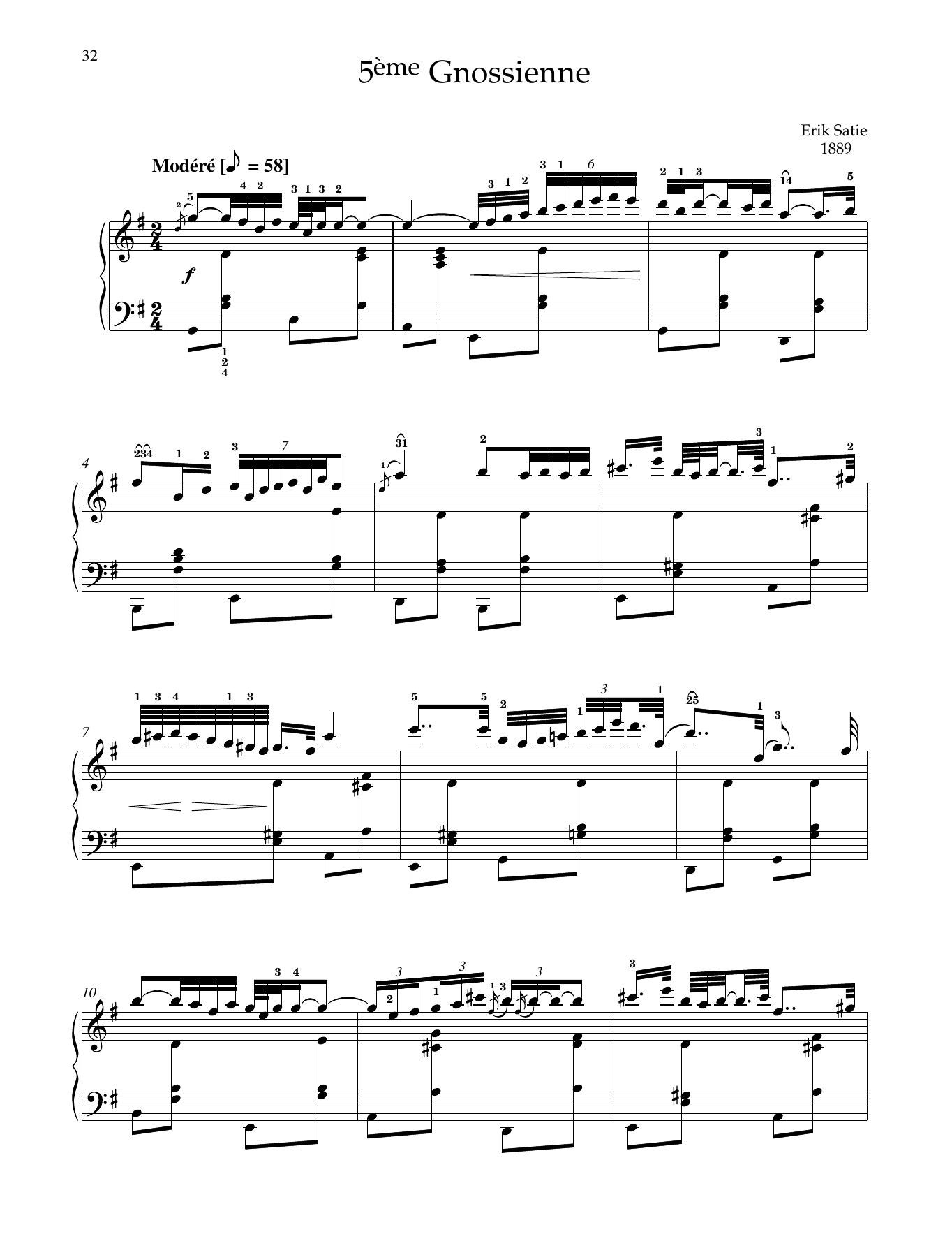 Erik Satie 5ème Gnossienne sheet music notes and chords arranged for Piano Solo