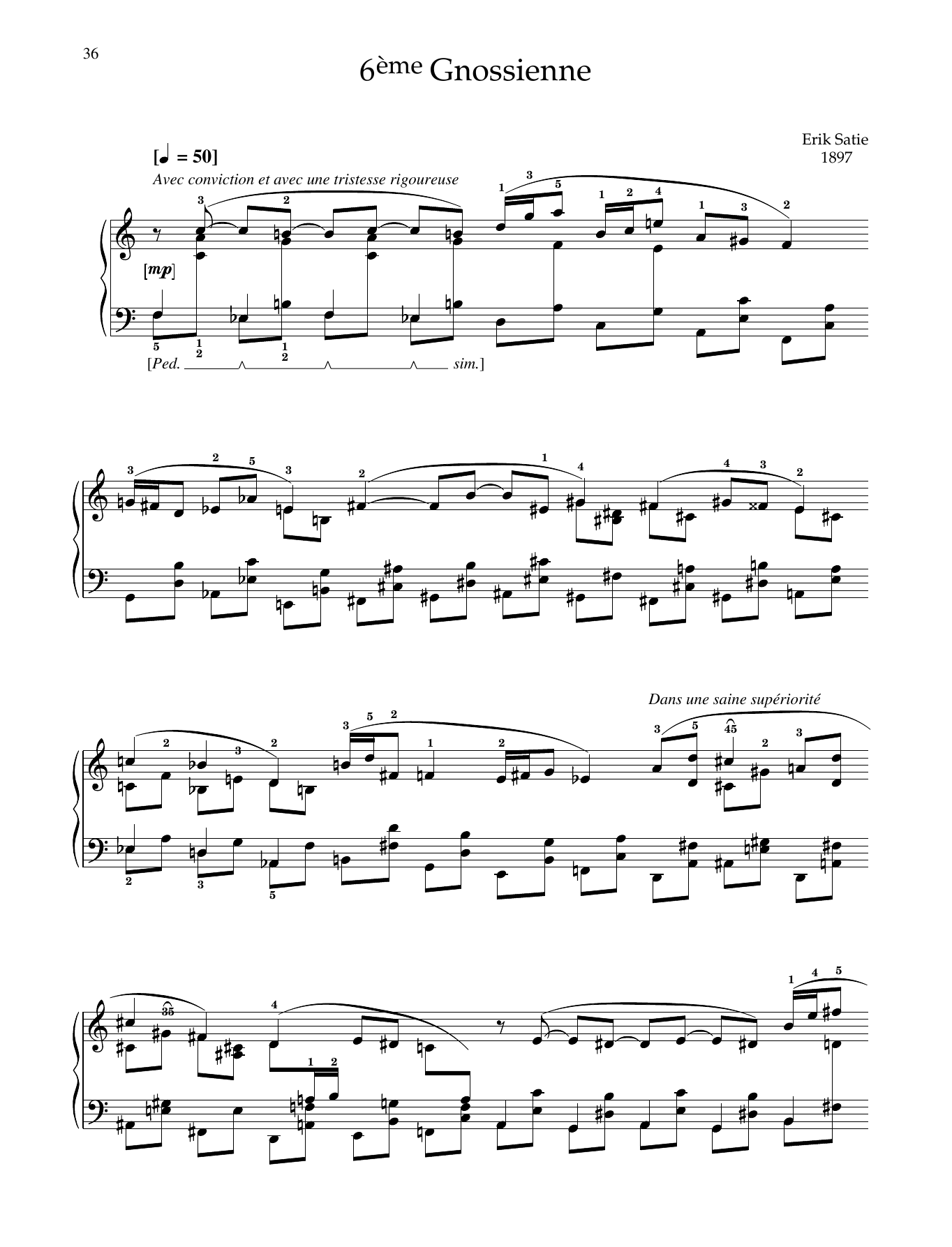 Erik Satie 6ème Gnossienne sheet music notes and chords arranged for Piano Solo