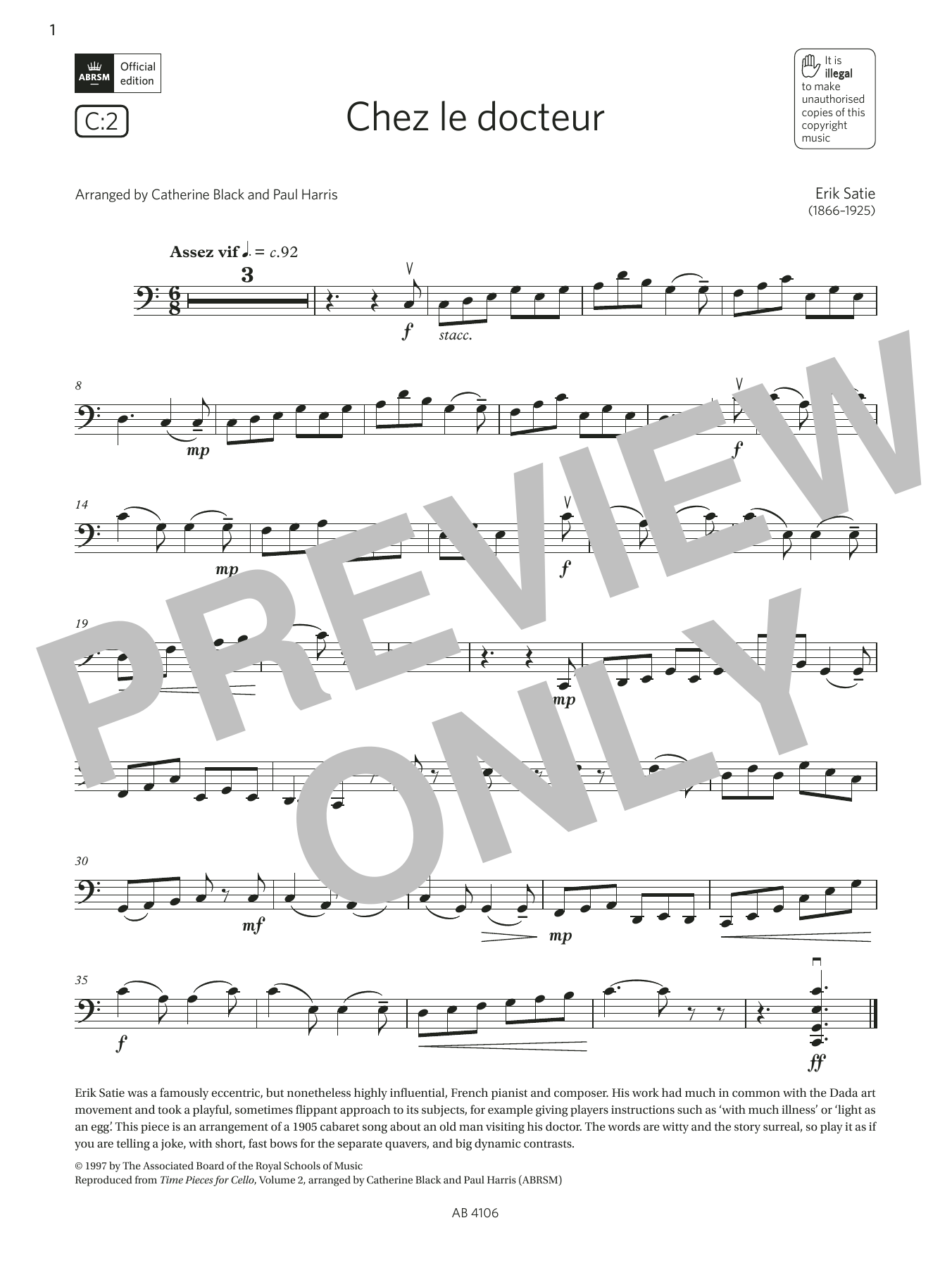 Erik Satie Chez le docteur (Grade 3, C2, from the ABRSM Cello Syllabus from 2024) sheet music notes and chords arranged for Cello Solo