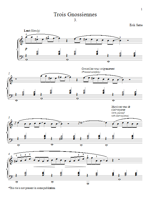 Erik Satie Gnossienne No. 3 sheet music notes and chords arranged for Piano Solo