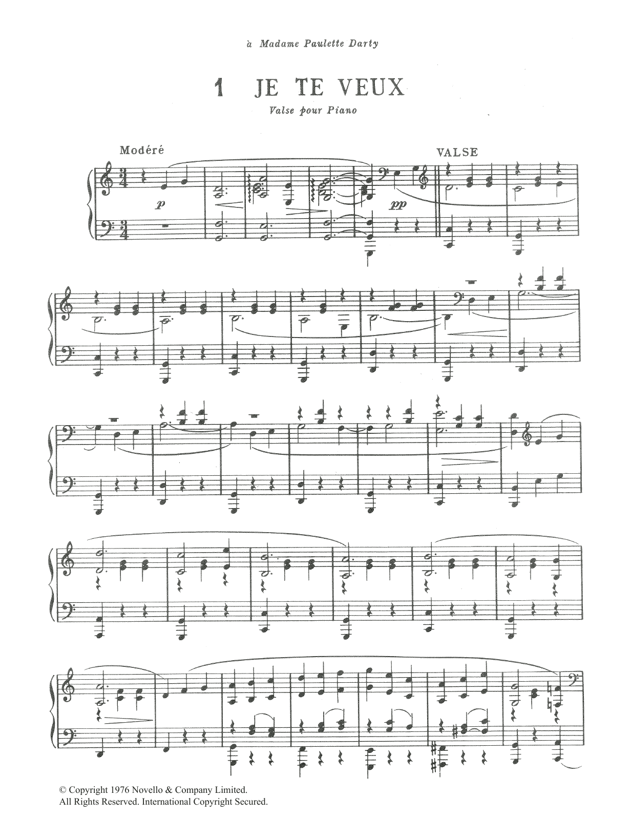 Erik Satie Je Te Veux sheet music notes and chords arranged for Piano Solo