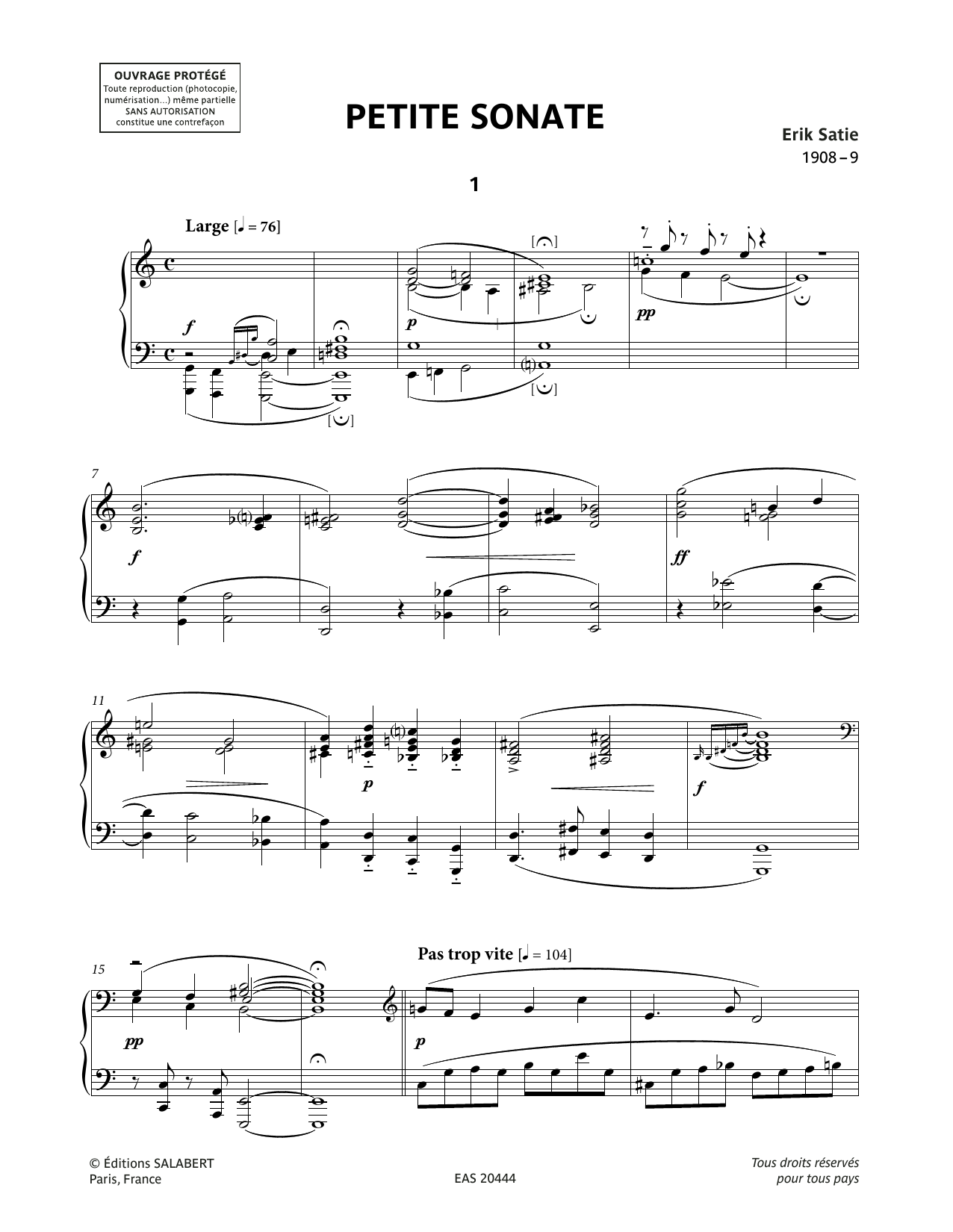 Erik Satie Petite Sonate sheet music notes and chords arranged for Piano Solo