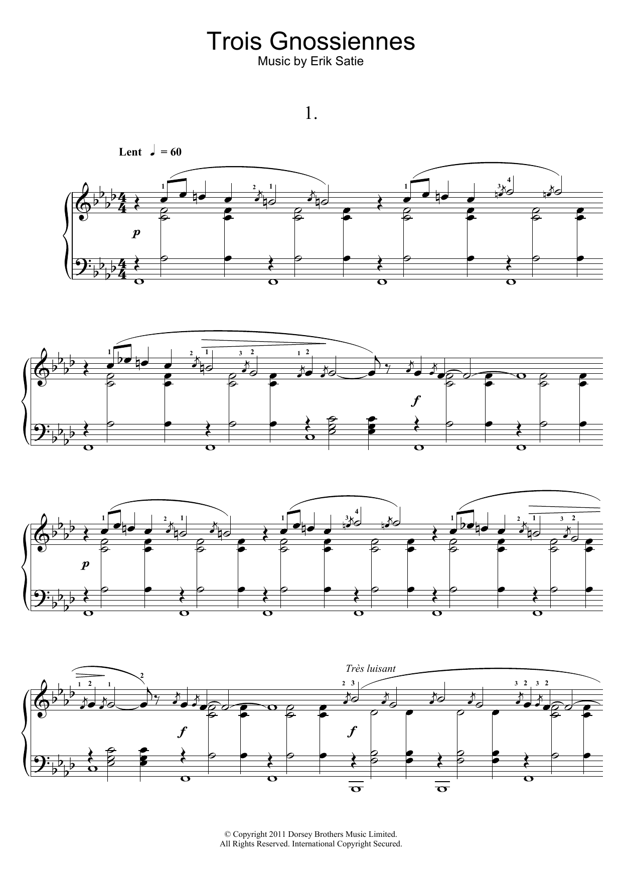 Erik Satie Trois Gnossiennes sheet music notes and chords arranged for Piano Solo