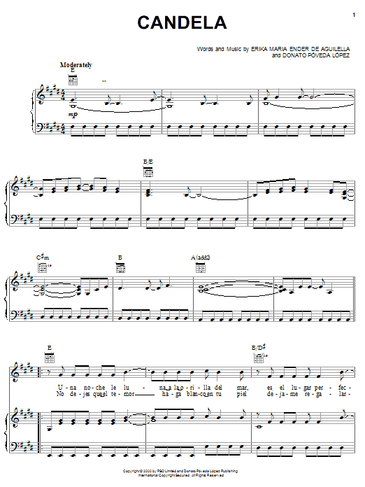 Erika Maria Ender De Aguilella Candela sheet music notes and chords arranged for Piano, Vocal & Guitar Chords (Right-Hand Melody)