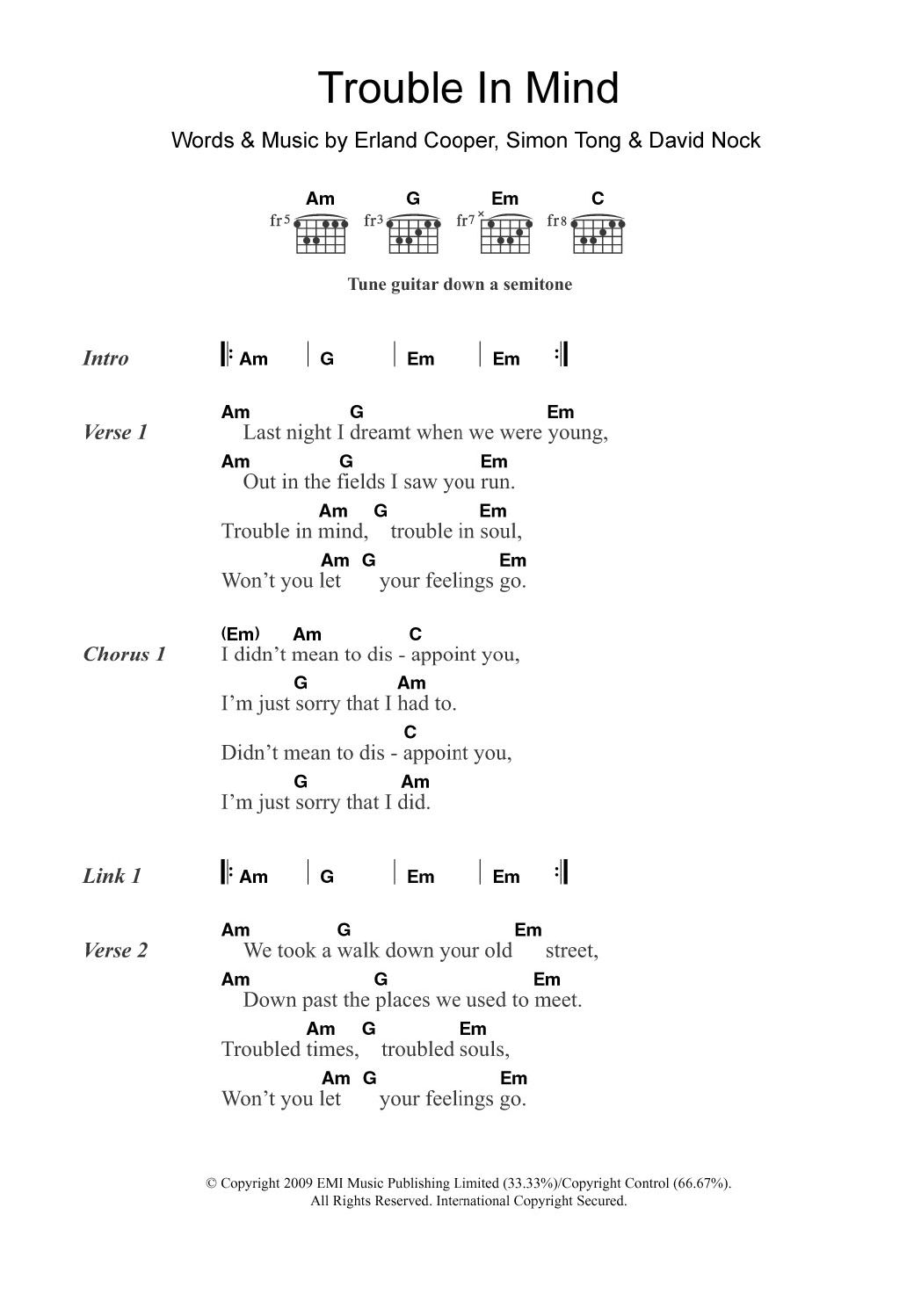 Erland & The Carnival Trouble In Mind sheet music notes and chords arranged for Guitar Chords/Lyrics