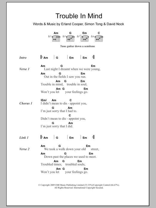Erland & The Carnival Trouble In Mind sheet music notes and chords arranged for Guitar Chords/Lyrics