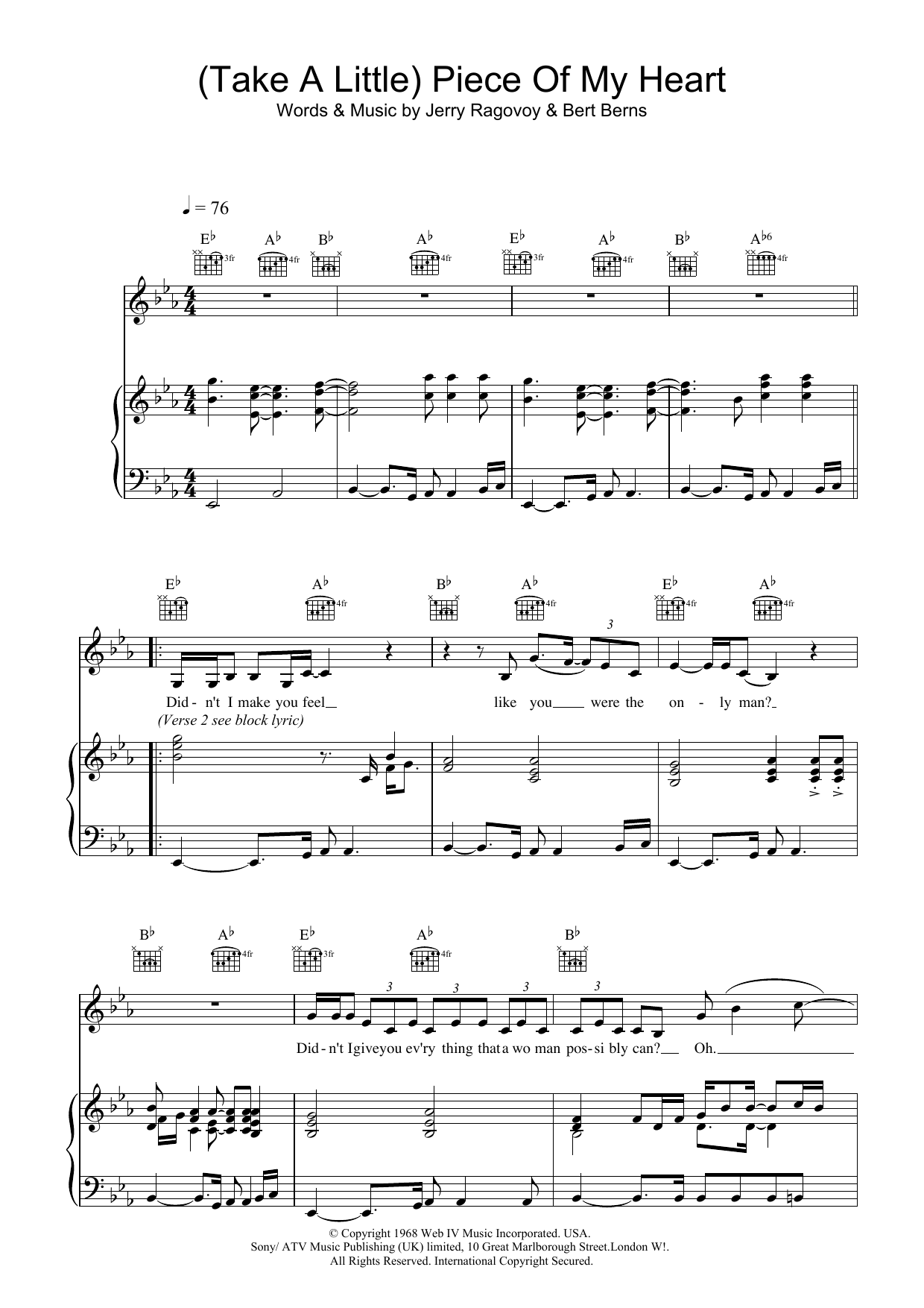 Erma Franklin (Take A Little) Piece Of My Heart sheet music notes and chords arranged for Guitar Chords/Lyrics