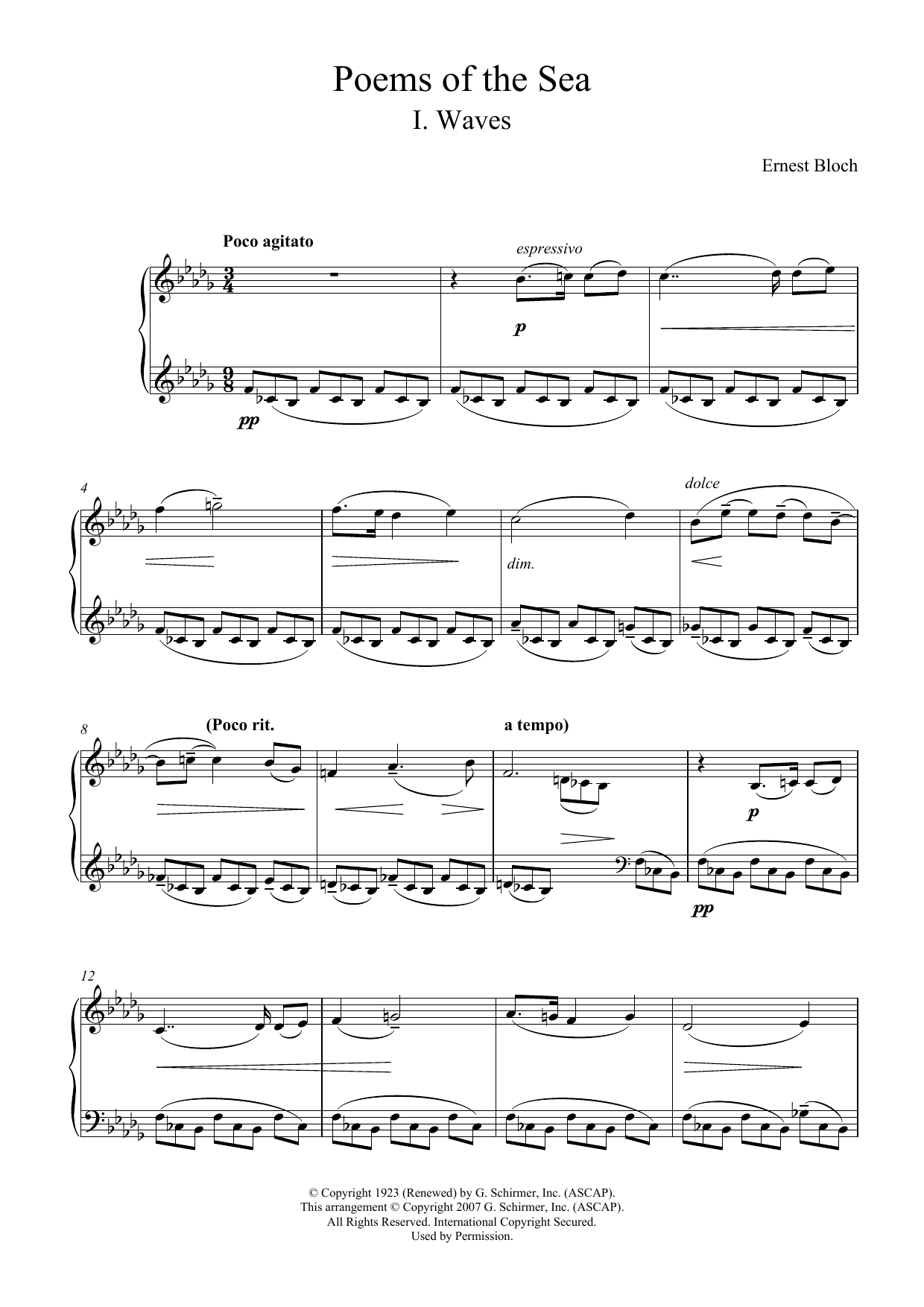 Ernest Bloch Waves (from Poems Of The Sea) sheet music notes and chords arranged for Piano Solo