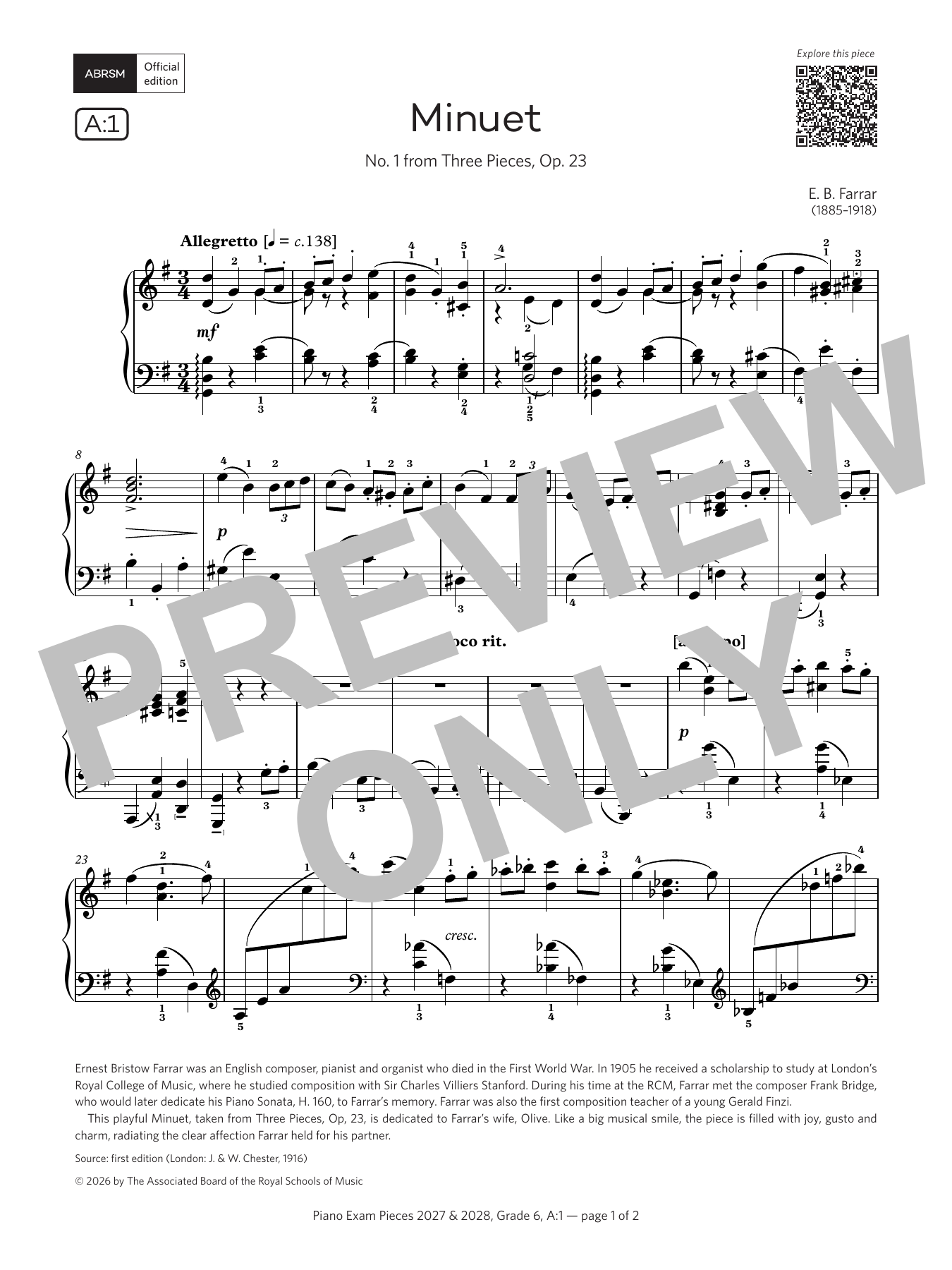 Ernest Farrar Minuet (Grade 6, list A1, from the ABRSM Piano Syllabus 2027 & 2028) sheet music notes and chords arranged for Piano Solo