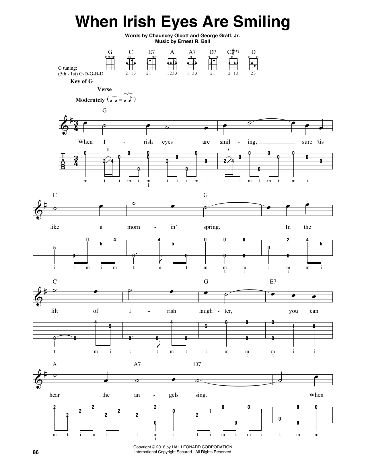 Ernest R. Ball When Irish Eyes Are Smiling sheet music notes and chords arranged for Banjo Tab