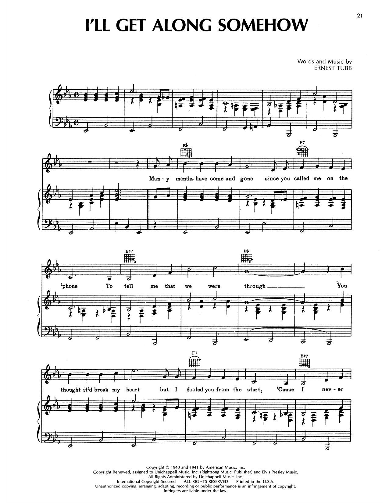 Ernest Tubb I'll Get Along Somehow sheet music notes and chords arranged for Piano, Vocal & Guitar Chords (Right-Hand Melody)