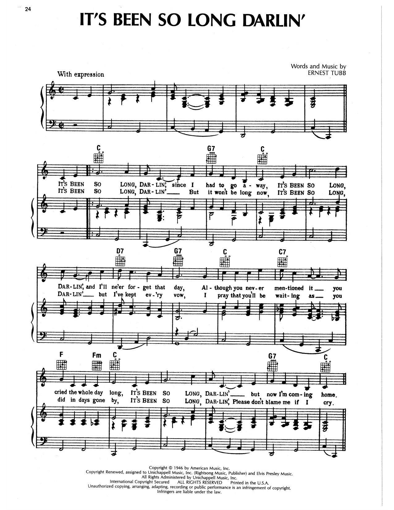 Ernest Tubb It's Been So Long Darlin' sheet music notes and chords arranged for Piano, Vocal & Guitar Chords (Right-Hand Melody)