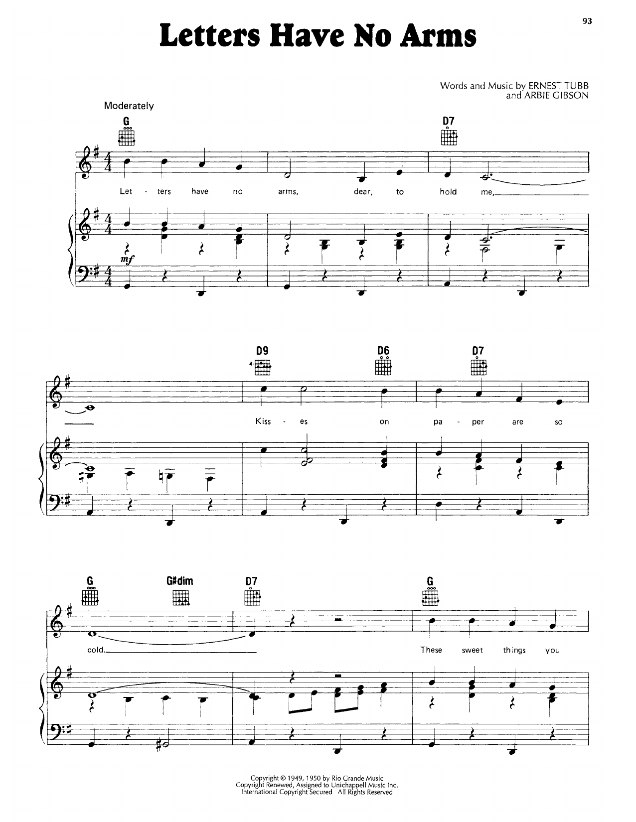 Ernest Tubb Letters Have No Arms sheet music notes and chords arranged for Piano, Vocal & Guitar Chords (Right-Hand Melody)