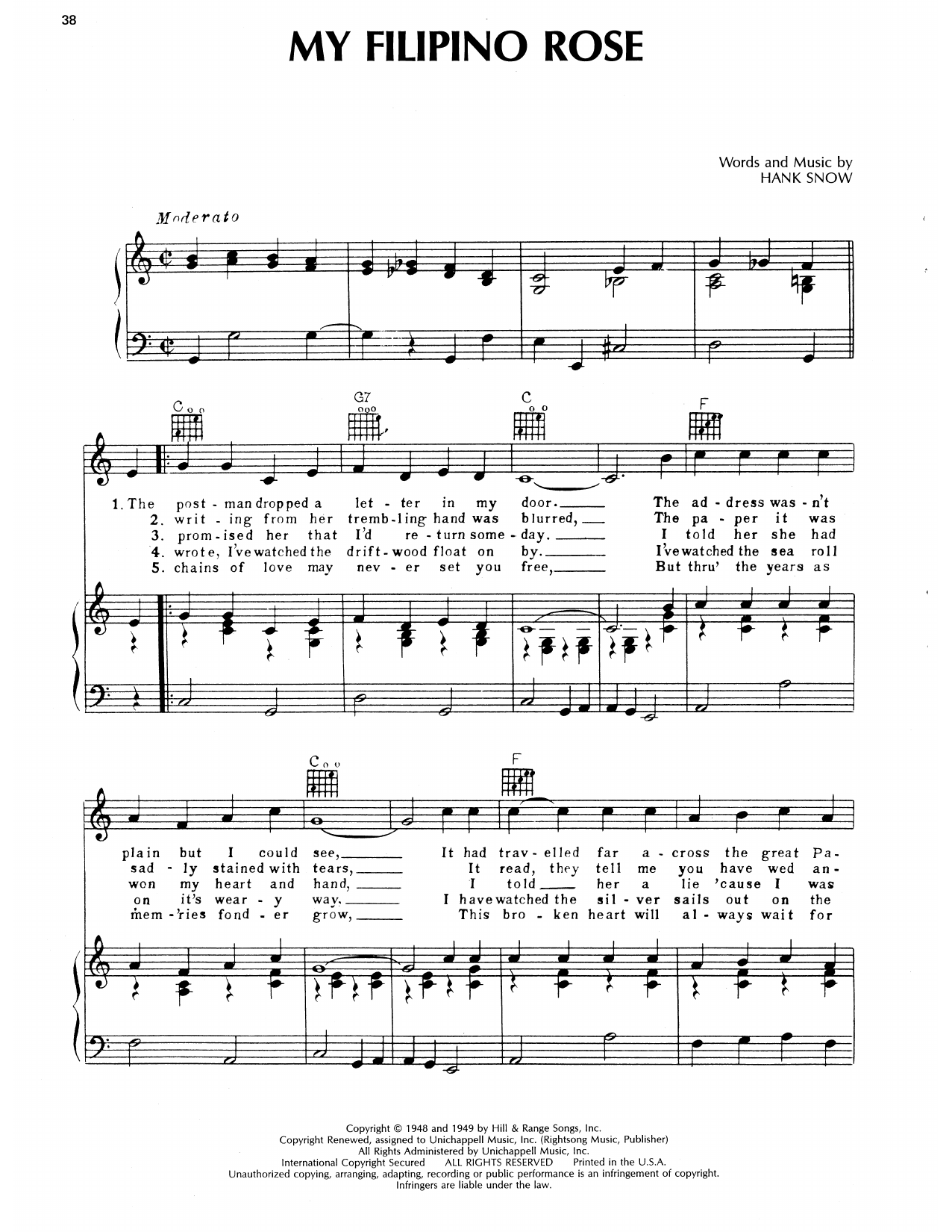 Ernest Tubb My Filipino Rose sheet music notes and chords arranged for Piano, Vocal & Guitar Chords (Right-Hand Melody)