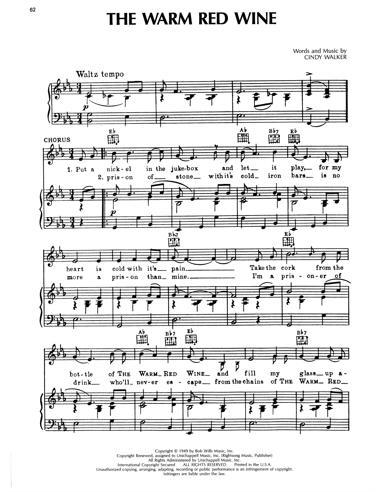 Ernest Tubb The Warm Red Wine sheet music notes and chords arranged for Piano, Vocal & Guitar Chords (Right-Hand Melody)