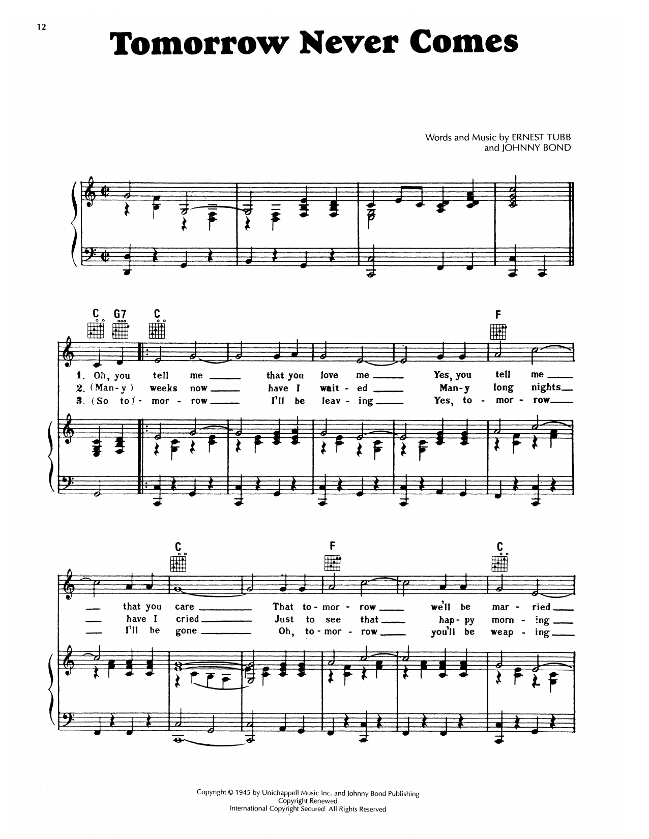 Ernest Tubb Tomorrow Never Comes sheet music notes and chords arranged for Piano, Vocal & Guitar Chords (Right-Hand Melody)