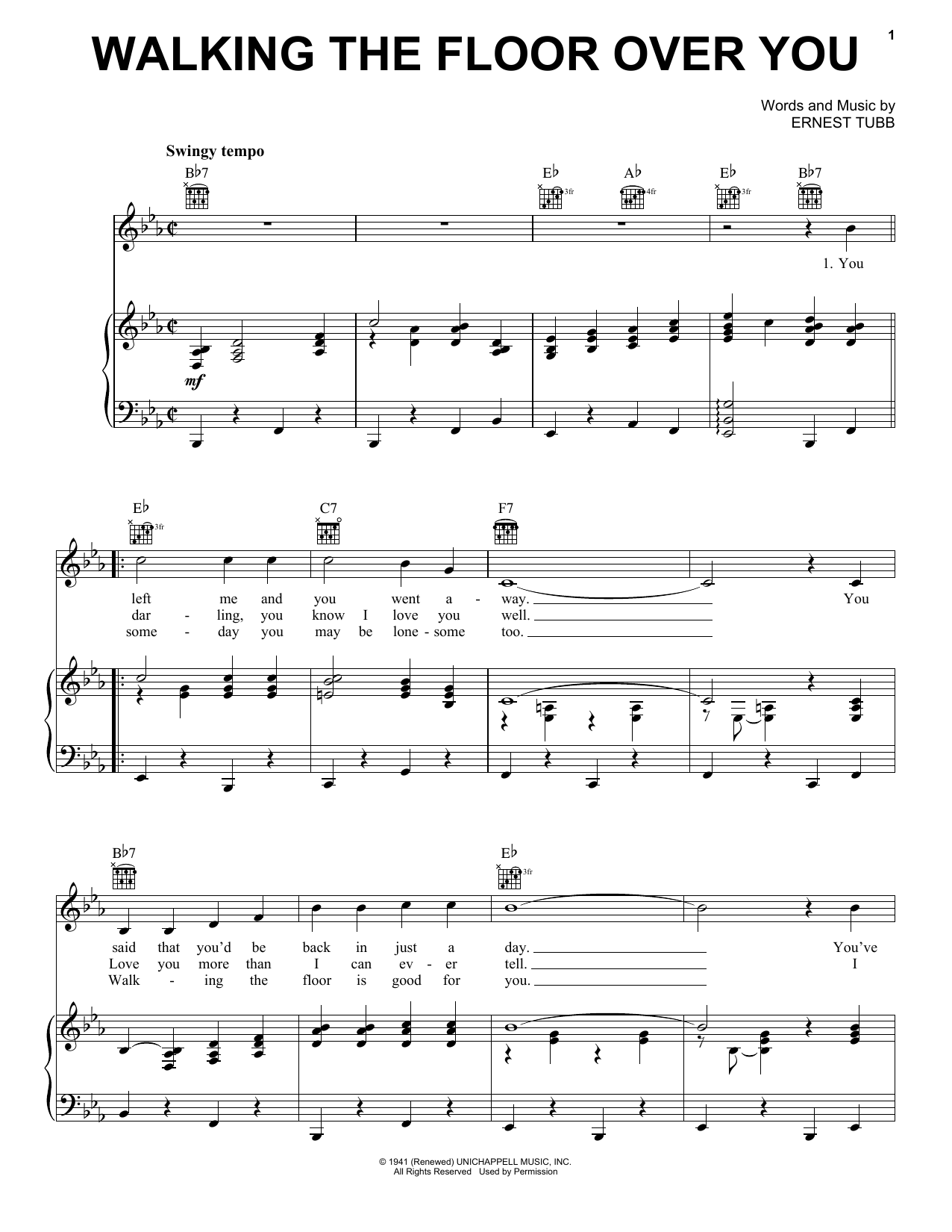 Ernest Tubb Walking The Floor Over You sheet music notes and chords arranged for Piano Solo