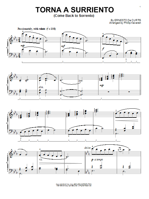Ernesto de Curtis Come Back To Sorrento (arr. Phillip Keveren) sheet music notes and chords arranged for Piano Solo