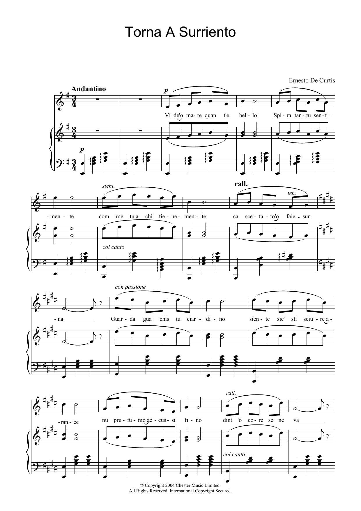 Ernesto De Curtis Torna A Surriento sheet music notes and chords arranged for Piano & Vocal