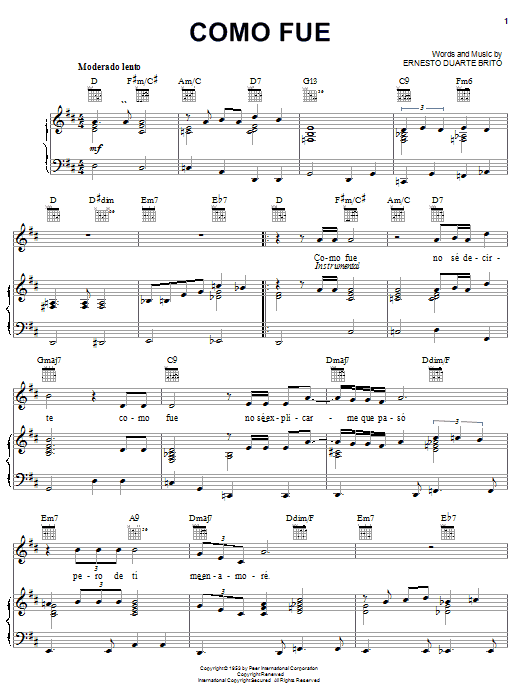 Ernesto Duarte Brito Como Fue sheet music notes and chords arranged for Piano, Vocal & Guitar Chords (Right-Hand Melody)