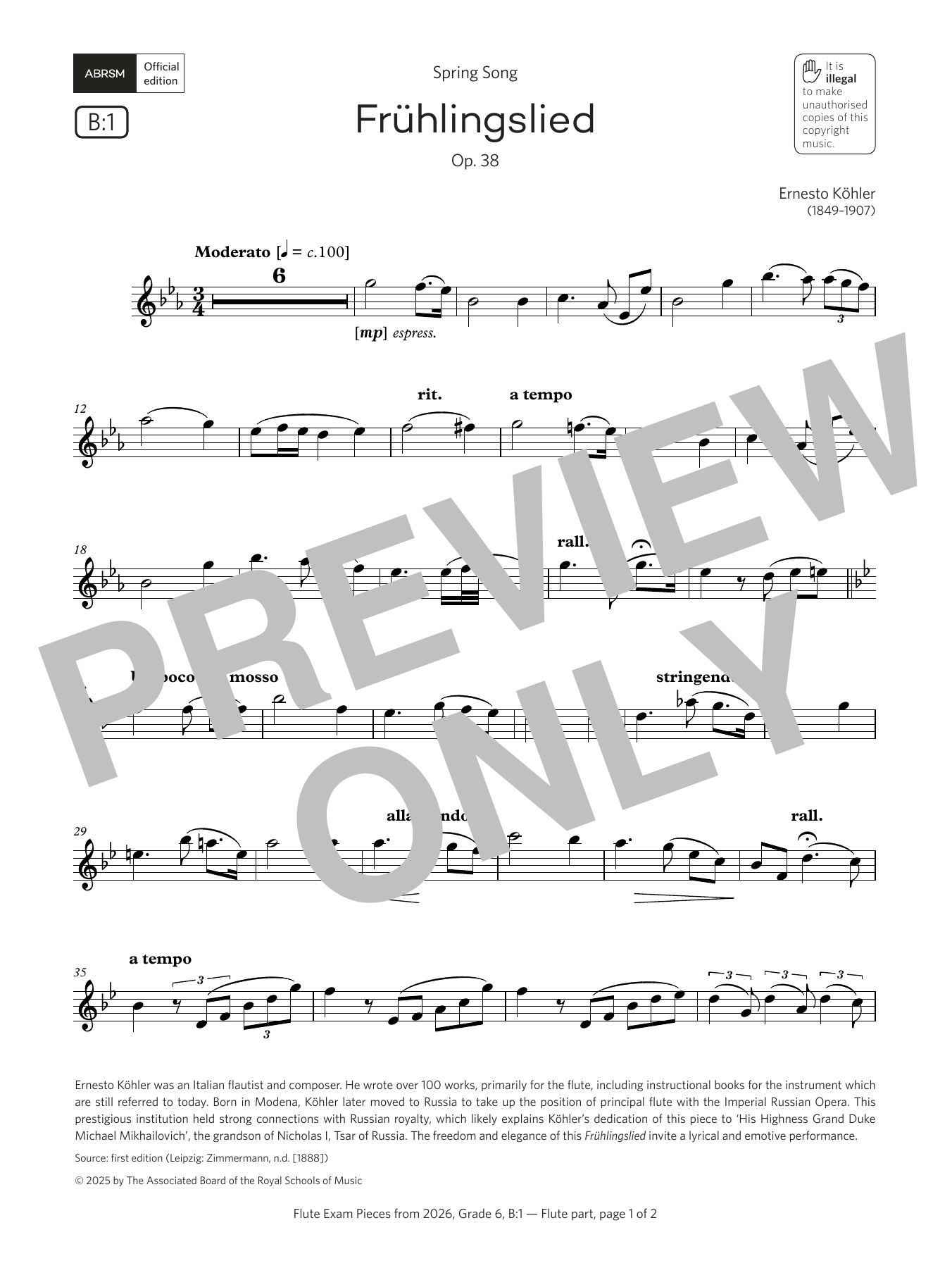 Ernesto Köhler Frühlingslied (Grade 6, list B1, from the ABRSM Flute Syllabus from 2026) sheet music notes and chords arranged for Flute Solo