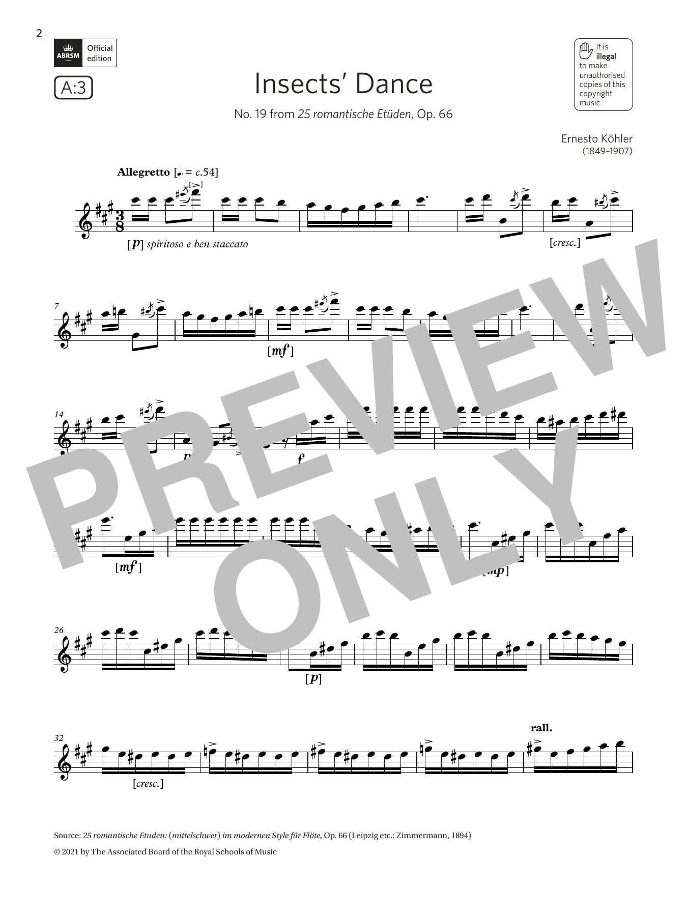 Ernesto Köhler Insects' Dance (from 25 romantische Etüden) (Grade 7 A3 from the ABRSM Flute syllabus from 2022) sheet music notes and chords arranged for Flute Solo