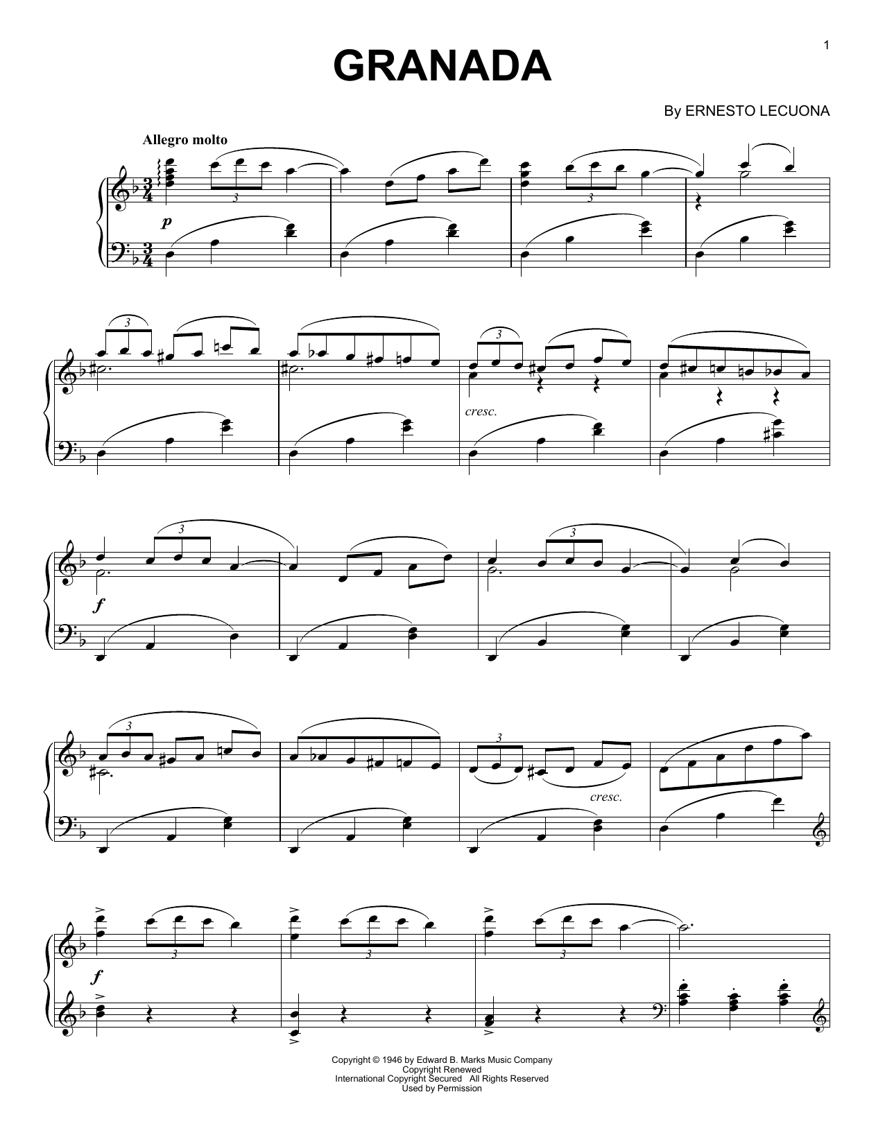 Ernesto Lecuona Granada sheet music notes and chords arranged for Piano Solo