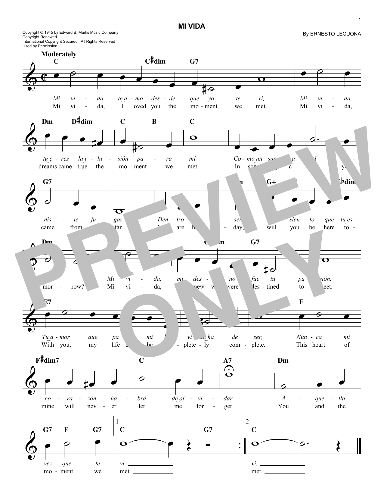 Ernesto Lecuona Mi Vida sheet music notes and chords arranged for Lead Sheet / Fake Book