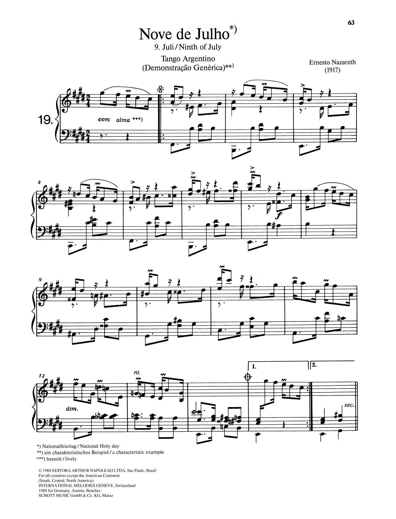 Ernesto Nazareth Nove de Julho sheet music notes and chords arranged for Piano Solo