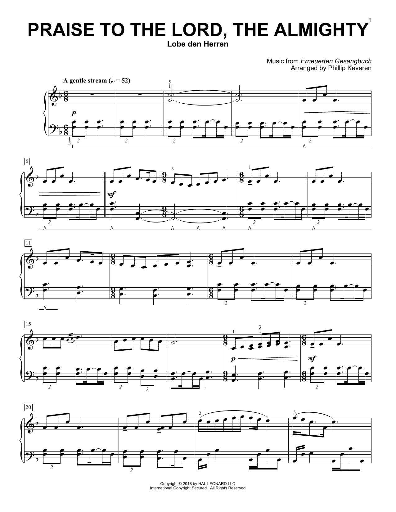 Erneuerten Gesangbuch Praise To The Lord, The Almighty (arr. Phillip Keveren) sheet music notes and chords arranged for Piano Solo