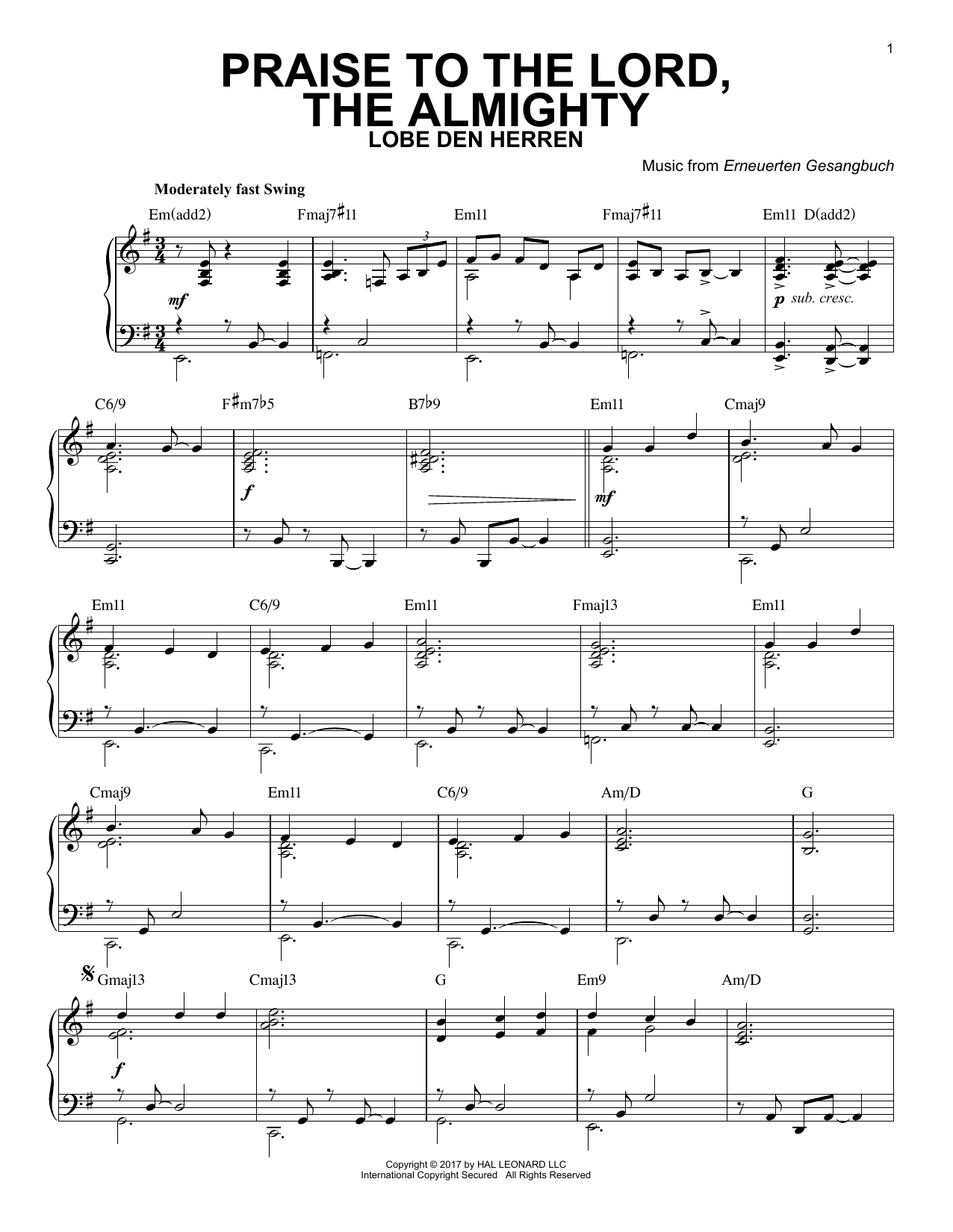 Erneuerten Gesangbuch Praise To The Lord, The Almighty [Jazz version] sheet music notes and chords arranged for Piano Solo