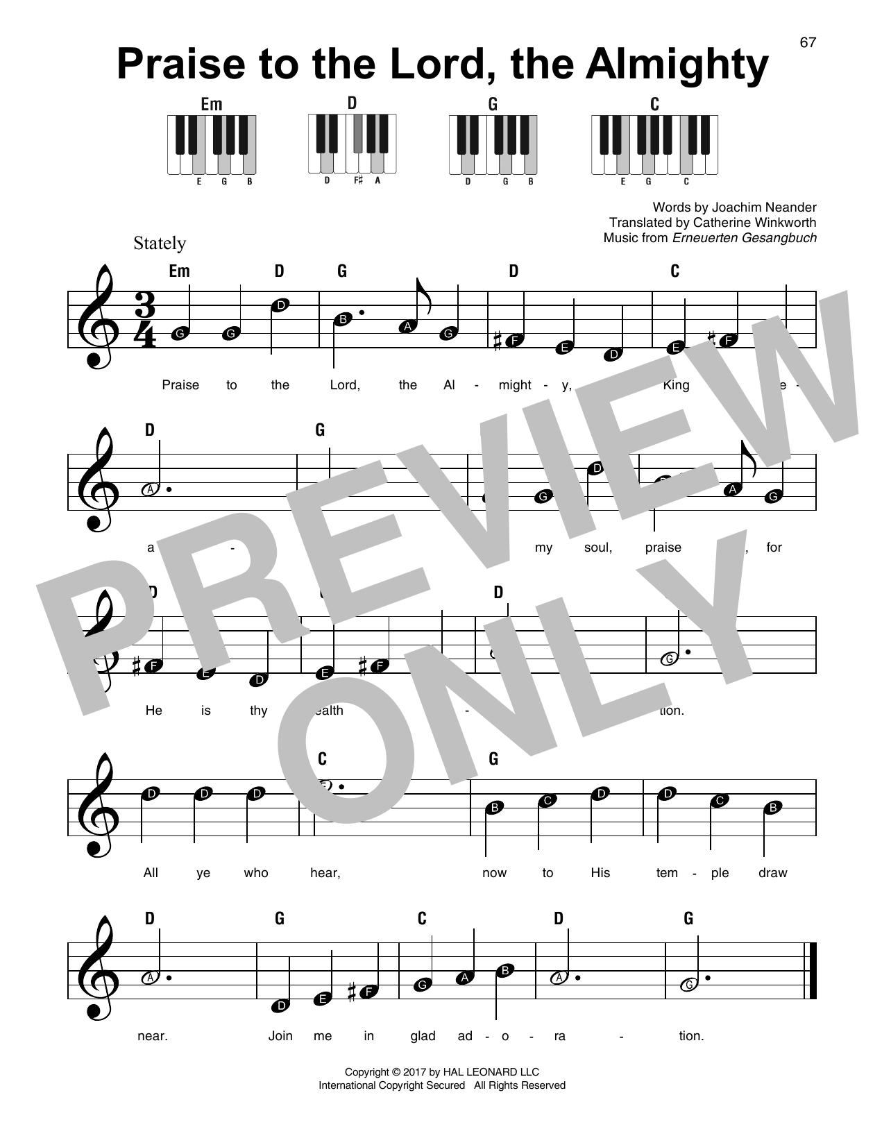 Erneuerten Gesangbuch Praise To The Lord, The Almighty sheet music notes and chords arranged for Easy Piano