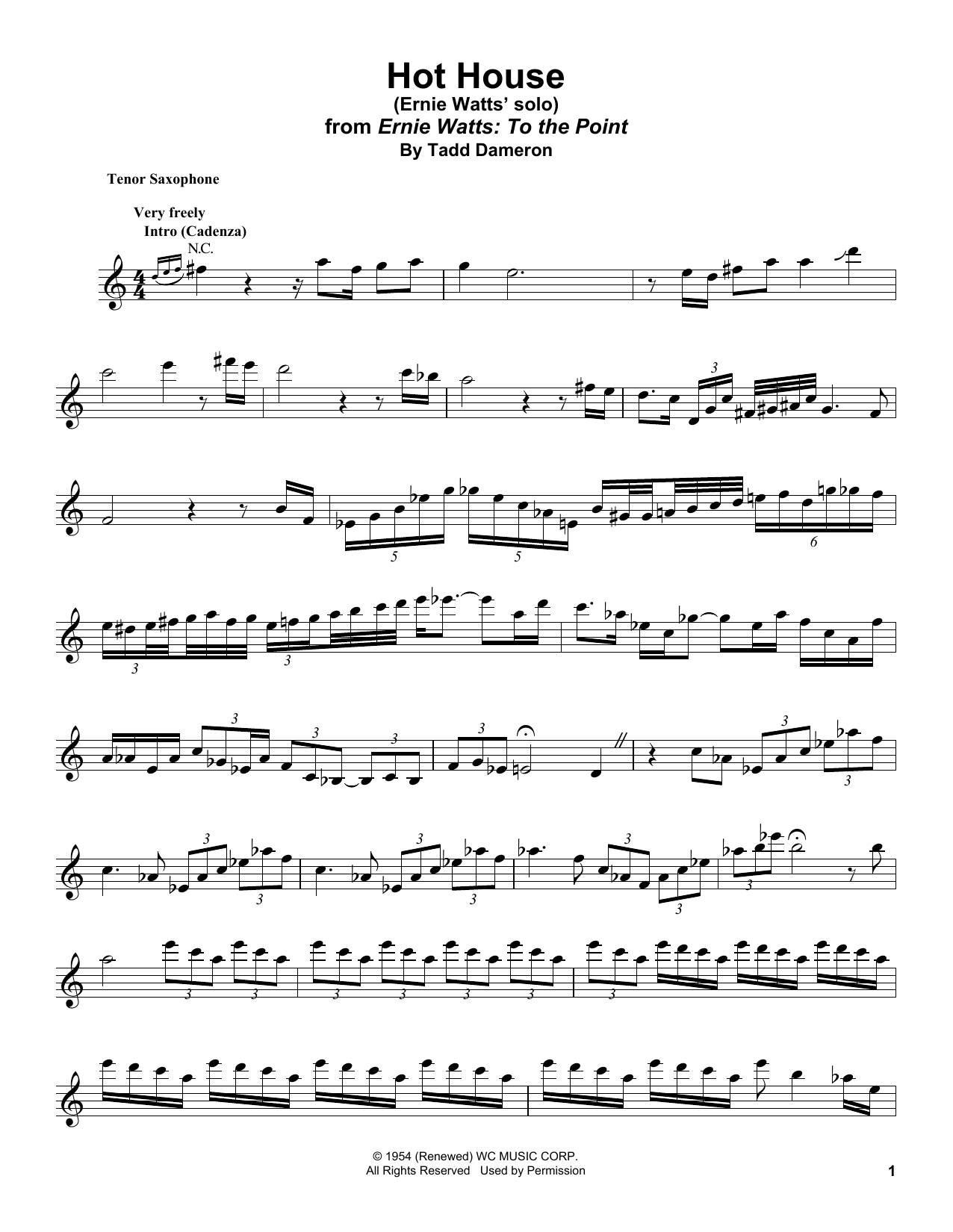 Ernie Watts Hot House sheet music notes and chords arranged for Tenor Sax Transcription