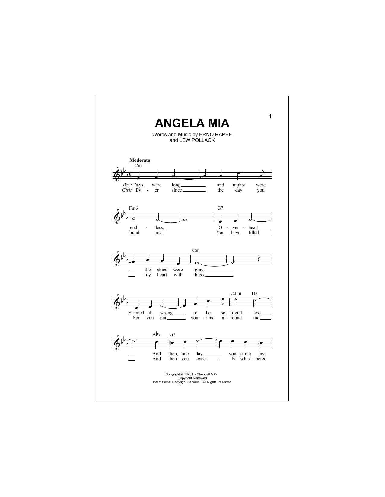 Erno Rapee Angela Mia sheet music notes and chords arranged for Lead Sheet / Fake Book