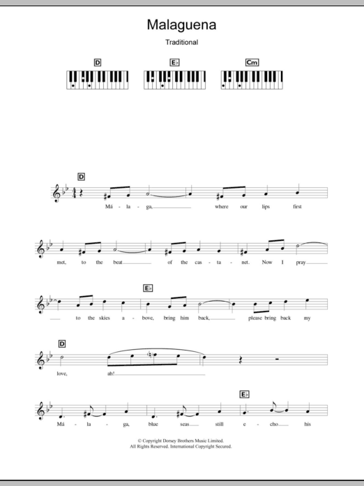 Ernseto Lecuona Malaguena sheet music notes and chords arranged for Piano Chords/Lyrics