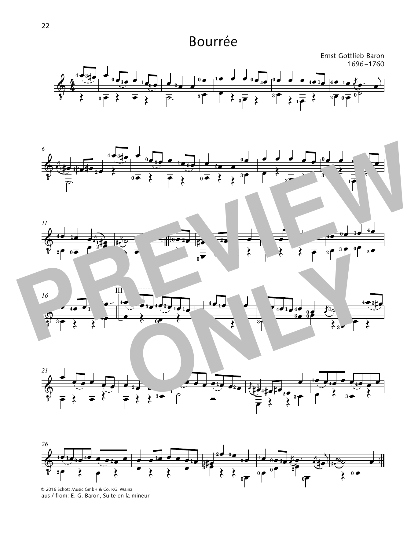 Ernst Gottlieb Baron Bourree sheet music notes and chords arranged for Solo Guitar