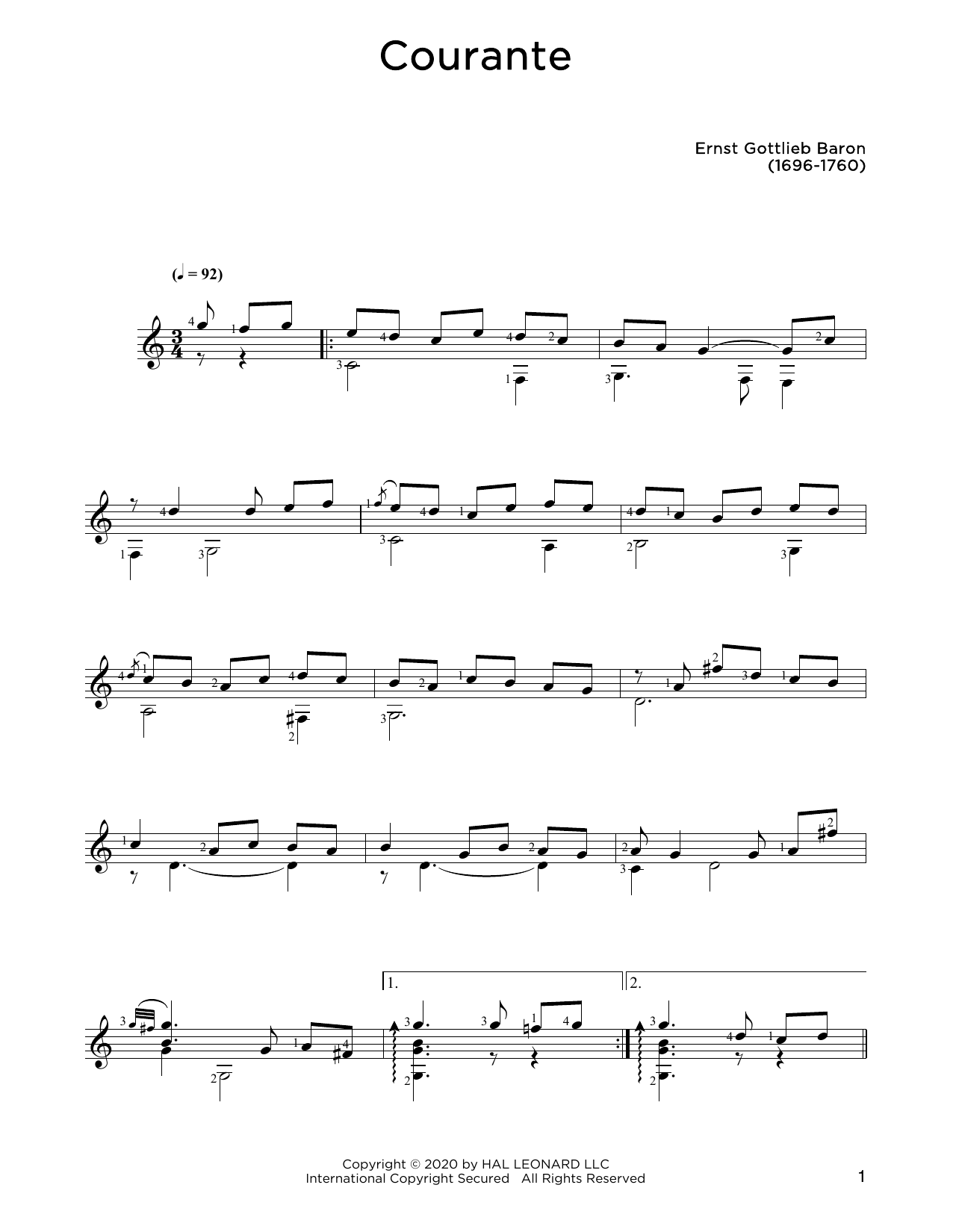 Ernst Gottlieb Baron Courante sheet music notes and chords arranged for Solo Guitar